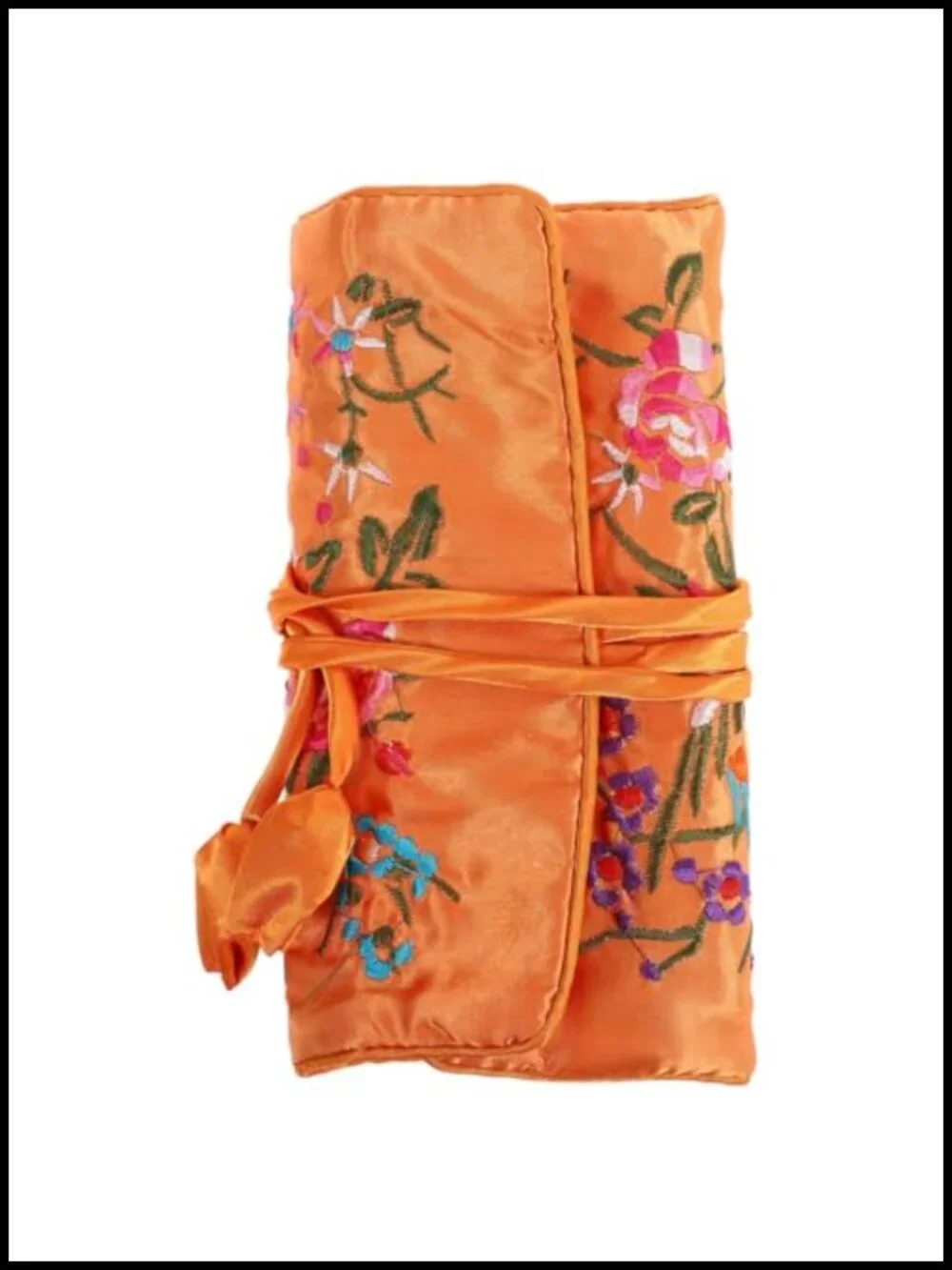 Handmade Embroidered Jewelry Roll Bag Travel Organizer with Zipper Pocket Silk